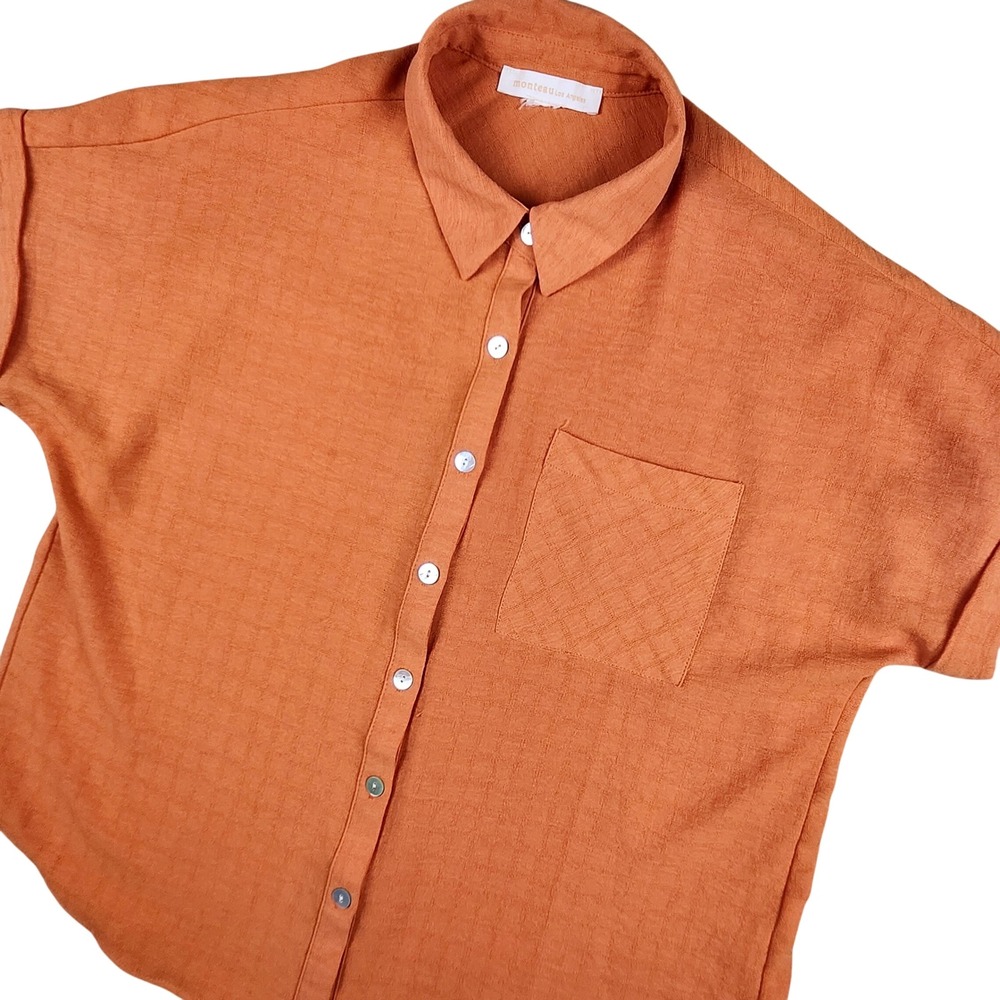 Monteau Button Down Shirt Womens L Orange Textured Short Sleeve Pocket
